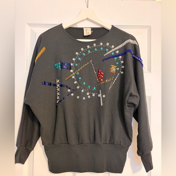 Alison Beaded Embellished Grey Sweatshirt vintage 80s blouse top disco retro m/l - Picture 4 of 4
